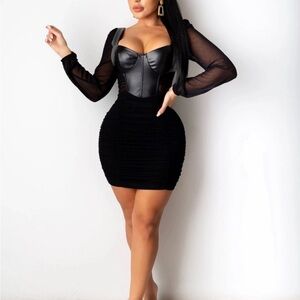 Privy Black Leather Ruched Long Sleeve Dress - LBD New